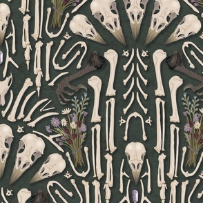 Corvid bones art deco - abstract geometric with skulls and bones, raven claw, dried flowers - forest green - extra large