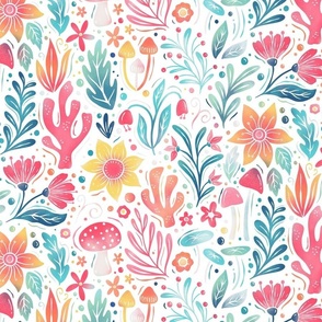 Otherworldly Botanicals - bright fun flowers and mushrooms - white - medium