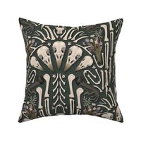 Corvid bones art deco - abstract geometric with skulls and bones, raven claw, dried flowers - forest green - large