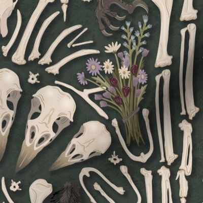 Corvid bones art deco - abstract geometric with skulls and bones, raven claw, dried flowers - forest green - large