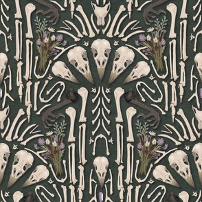 Corvid bones art deco - abstract geometric with skulls and bones, raven claw, dried flowers - forest green - large
