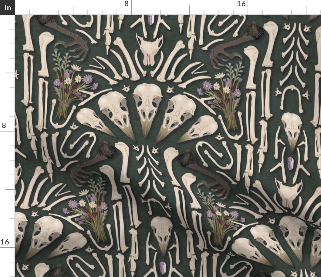 Corvid bones art deco - abstract geometric with skulls and bones, raven claw, dried flowers - forest green - large