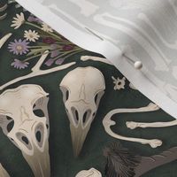 Corvid bones art deco - abstract geometric with skulls and bones, raven claw, dried flowers - forest green - medium
