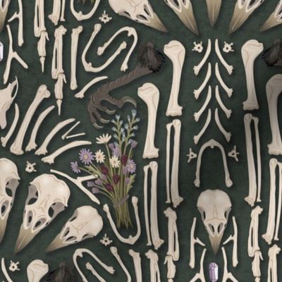Corvid bones art deco - abstract geometric with skulls and bones, raven claw, dried flowers - forest green - medium