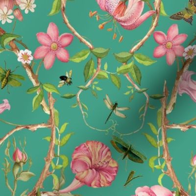 Antique Rococo Chinoiserie Flower Rose Exotic Trees With Flying Insects-18th century reconstructed- Marie Antoinette Chinoiserie inspired -Dioptase Green 