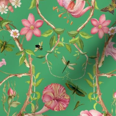 Antique Rococo Chinoiserie Flower Rose Exotic Trees With Flying Insects-18th century reconstructed- Marie Antoinette Chinoiserie inspired -Bouncy Ball Green