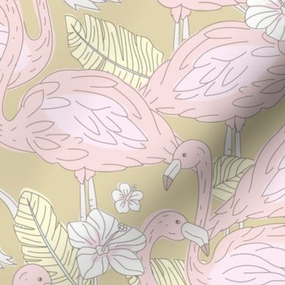 Freehand flamingo jungle - summer tropical flamingos and island vibes frangipani flowers and banana leaves pastel blush pink yellow on soft mustard LARGE