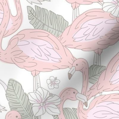 Freehand flamingo jungle - summer tropical flamingos and island vibes frangipani flowers and banana leaves vintage pastel blush green mist pink LARGE