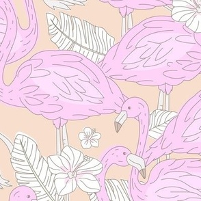 Freehand flamingo jungle - summer tropical flamingos and island vibes frangipani flowers and banana leaves pastel blush white pink LARGE