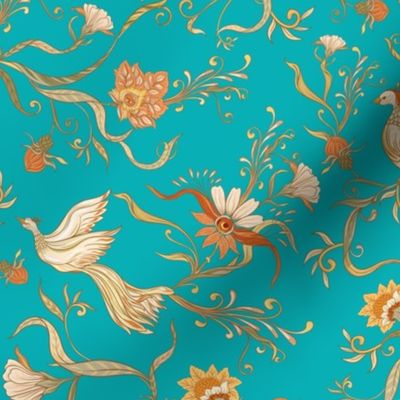 Antique Rococo Chinoiserie Tropical Flower Leaves With Vintage Animals Birds - 18th century reconstructed hand painted lush garden  - Marie Antoinette Chinoiserie inspired -DarkTurquoise Jade Gravel