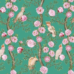 Antique Rococo Chinoiserie Flower Peony And Cockatoos Trees With Vintage Pink Peonies And Parrot Birds  -Marie Antoinette Chinoiserie inspired-18th century reconstructed hand painted lush garden -Dioptase Green 