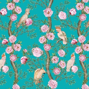 Antique Rococo Chinoiserie Flower Peony And Cockatoos Trees With Vintage Pink Peonies And Parrot Birds  -Marie Antoinette Chinoiserie inspired-18th century reconstructed hand painted lush garden -DarkTurquoise Jade Gravel