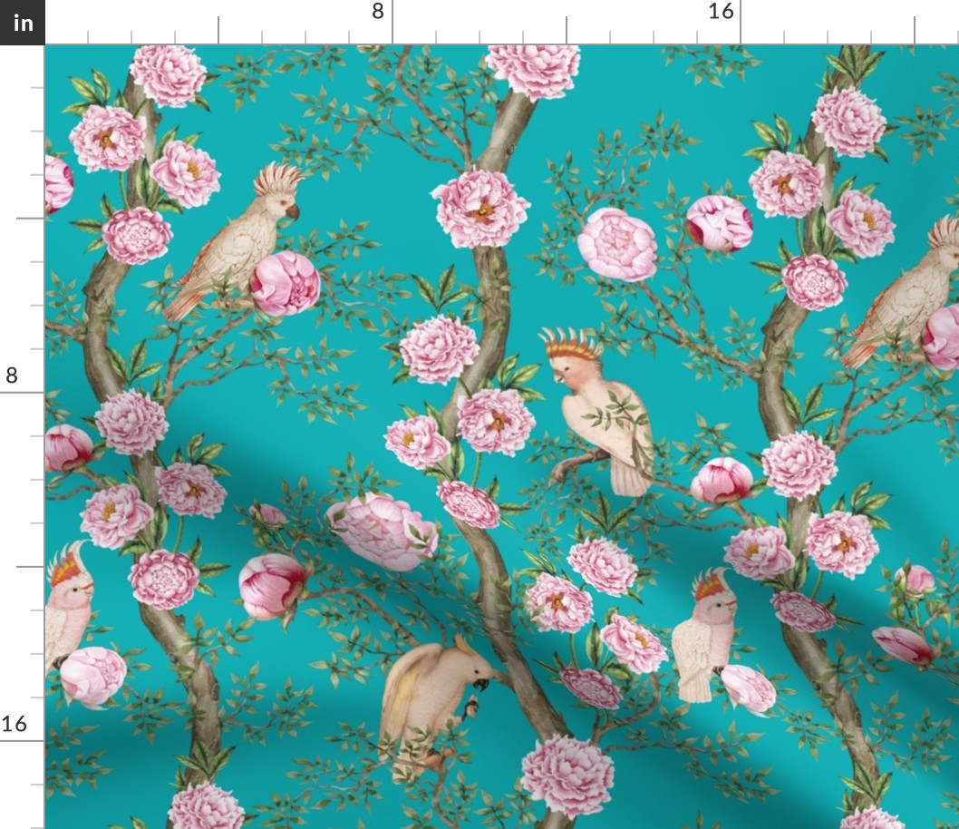 Antique Rococo Chinoiserie Flower Peony And Cockatoos Trees With Vintage Pink Peonies And Parrot Birds  -Marie Antoinette Chinoiserie inspired-18th century reconstructed hand painted lush garden -DarkTurquoise Jade Gravel
