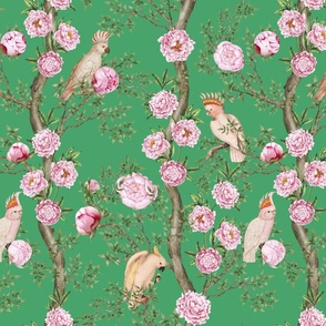 Antique Rococo Chinoiserie Flower Peony And Cockatoos Trees With Vintage Pink Peonies And Parrot Birds  -Marie Antoinette Chinoiserie inspired-18th century reconstructed hand painted lush garden -Bouncy Ball Green