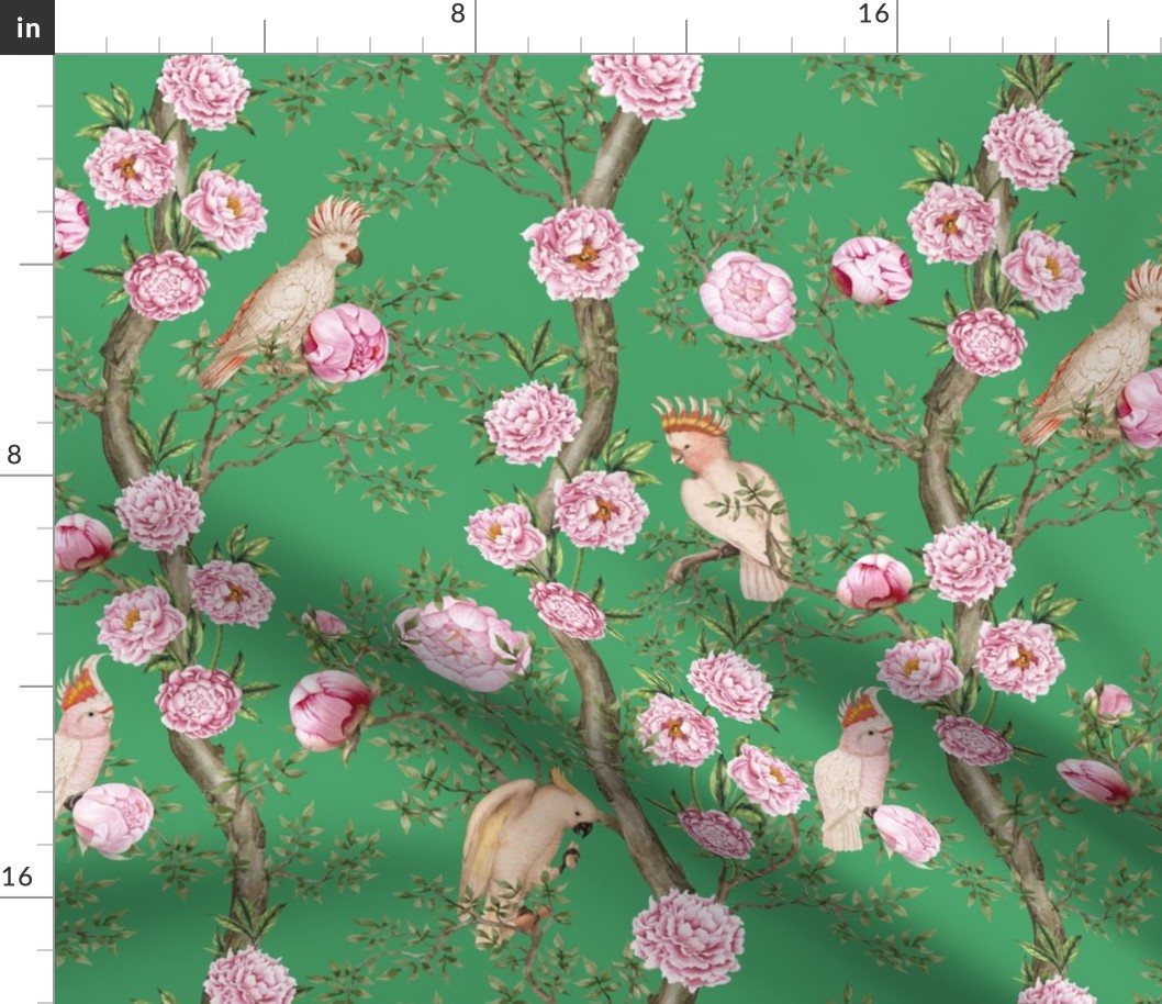 Antique Rococo Chinoiserie Flower Peony And Cockatoos Trees With Vintage Pink Peonies And Parrot Birds  -Marie Antoinette Chinoiserie inspired-18th century reconstructed hand painted lush garden -Bouncy Ball Green