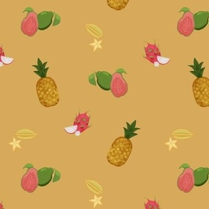Tropical Fruits Scattered on Golden Yellow