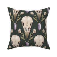 Raven Skull and flowers - whimsical goth damask with crow's skulls, crystals and dried flowers - forest green - large
