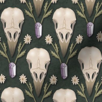 Raven Skull and flowers - whimsical goth damask with crow's skulls, crystals and dried flowers - forest green - medium