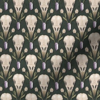 Raven Skull and flowers - whimsical goth damask with crow's skulls, crystals and dried flowers - forest green - small
