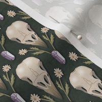 Raven Skull and flowers - whimsical goth damask with crow's skulls, crystals and dried flowers - forest green - small