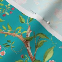  Antique Rococo Chinoiserie Flower Peony Trees With Flying Dove Birds - 18th century reconstructed hand painted lush garden  Marie Antoinette Chinoiserie inspired-DarkTurquoise Jade Gravel