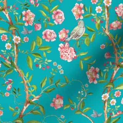  Antique Rococo Chinoiserie Flower Peony Trees With Flying Dove Birds - 18th century reconstructed hand painted lush garden  Marie Antoinette Chinoiserie inspired-DarkTurquoise Jade Gravel