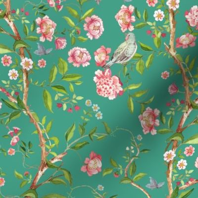  Antique Rococo Chinoiserie Flower Peony Trees With Flying Dove Birds - 18th century reconstructed hand painted lush garden  Marie Antoinette Chinoiserie inspired-Bouncy Ball Green