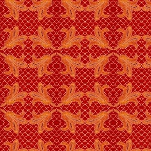 Vintage Hand drawn French lace motifs on hand crocheted lace background above marble 6” repeat on deep red and burnt orange texture