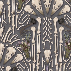 Corvid bones art deco - whimsical abstract geometric with skulls and bones, raven claw, dried flowers - ash grey - extra large