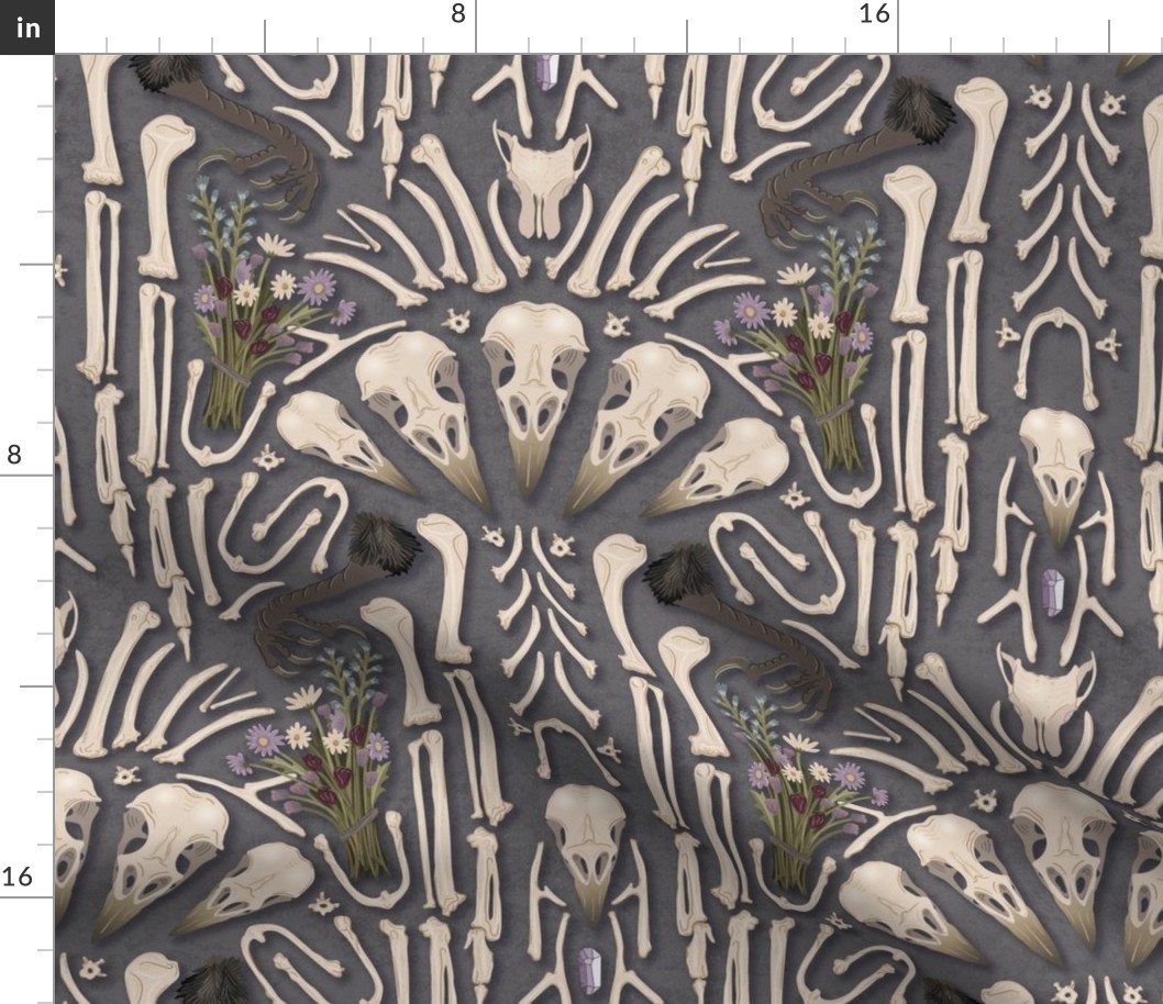 Corvid bones art deco - whimsical abstract geometric with skulls and bones, raven claw, dried flowers - ash grey - large