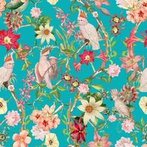 18" Lush Chinoiserie tropicals hawaiian tropical vintage Cockatoo parrot -  18th century reconstructed hand painted lush jungle garden summer paradise- Marie Antoinette Chinoiserie inspired- DarkTurquoise Jade Gravel
