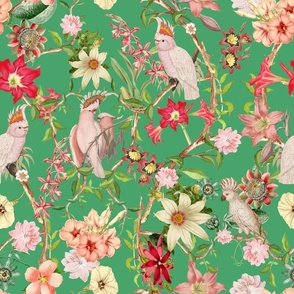 18" Lush Chinoiserie tropicals hawaiian tropical vintage Cockatoo parrot -  18th century reconstructed hand painted lush jungle garden summer paradise- Marie Antoinette Chinoiserie inspired-Bouncy Ball Green