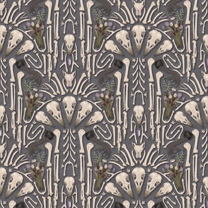 Corvid bones art deco - whimsical abstract geometric with skulls and bones, raven claw, dried flowers - ash grey - medium