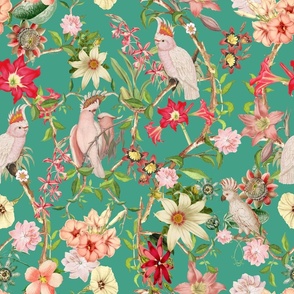 18" Lush Chinoiserie tropicals hawaiian tropical vintage Cockatoo parrot -  18th century reconstructed hand painted lush jungle garden summer paradise- Marie Antoinette Chinoiserie inspired- Dioptase Green 