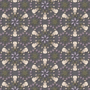 Corvid bones mandala - whimsical abstract geometric with crow's skulls, crystals and dried flowers - ash grey - medium