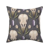 Raven Skull and flowers - whimsical goth damask with crow's skulls, crystals and dried flowers - ash grey - large