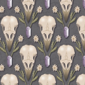 Raven Skull and flowers - whimsical goth damask with crow's skulls, crystals and dried flowers - ash grey - large