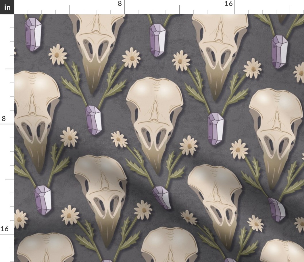 Raven Skull and flowers - whimsical goth damask with crow's skulls, crystals and dried flowers - ash grey - large