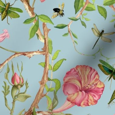 Antique Rococo Chinoiserie Flower Rose Exotic Trees With  Flying Insects on blue- Marie Antoinette Chinoiserie inspired 21" 