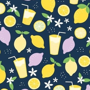 Summer squeeze lemonade - lemons and limes fruit garden drinks and flowers yellow green lilac on navy blue