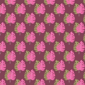 Pink and Green Palm Leaves on Plum/ Small