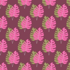 Pink and Green Palm Leaves on Plum / Medium