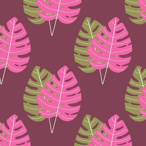 Pink and Green Palm Leaves on Plum / Large 