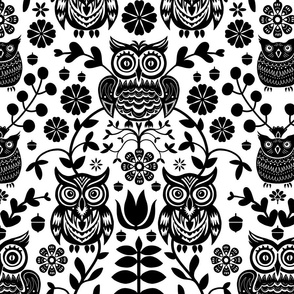 Owl Folk Art Pattern Black And White
