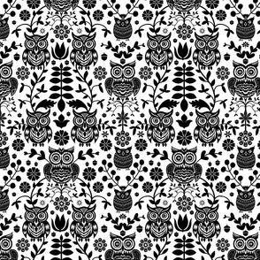 Owl Folk Art Pattern Black And White Smaller Scale