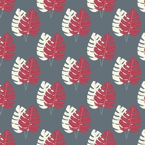 Red and Cream Palm Leaves on Grey /  medium