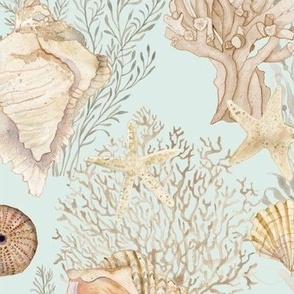 10" Seashell Serenity - Beach Coastal Shells Coral Starfish Watercolor Aqua