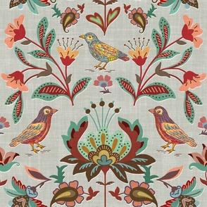 vintage inspired floral multicolor with birds on gray texture