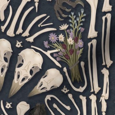 Corvid bones art deco - whimsical abstract geometric with skulls and bones, raven claw, dried flowers - dark steel blue - large