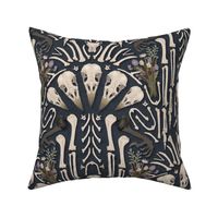 Corvid bones art deco - whimsical abstract geometric with skulls and bones, raven claw, dried flowers - dark steel blue - large